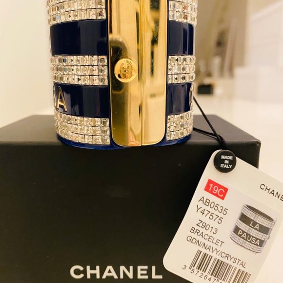 Chanel Navy Blue Crystal Studded Bracelet Cuff - Picture 6 of 12